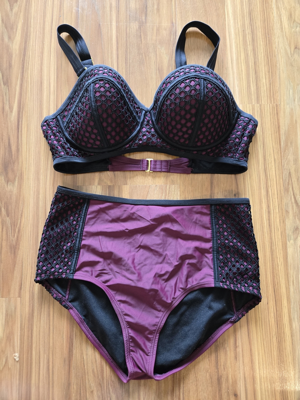 Burgundy & Black Lace Overlay Balconette and High-Waist Bikini